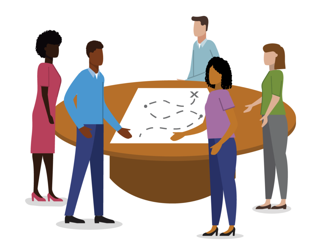 illustration of people gathered around a paper on a table